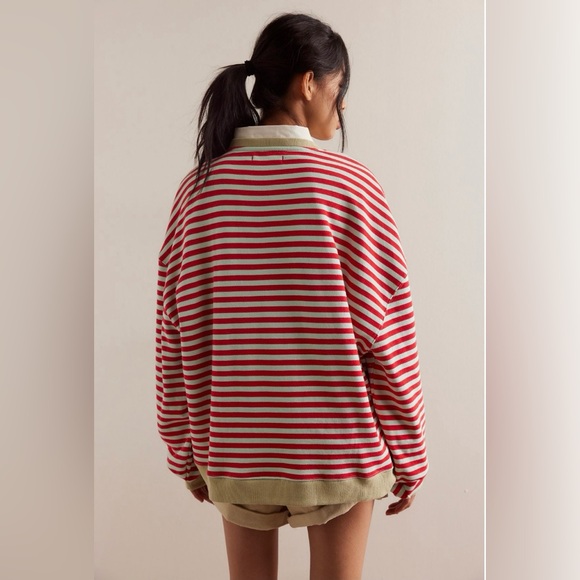 Closeout!▪️Free People Oversized Striped Pullover Sweatshirt in Cherry Combo - Picture 5 of 9